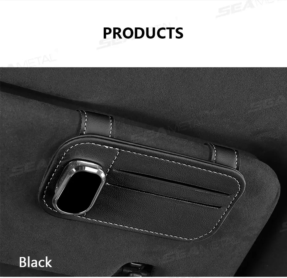 SEAMETAL Car Sun Visor Glasses Clip – PU Leather Sunglasses Holder with Card Storage Pocket (Universal, Scratch-Free Design)