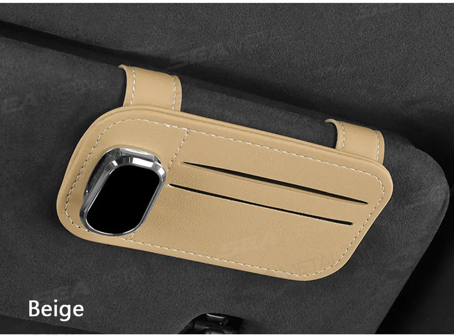 SEAMETAL Car Sun Visor Glasses Clip – PU Leather Sunglasses Holder with Card Storage Pocket (Universal, Scratch-Free Design)
