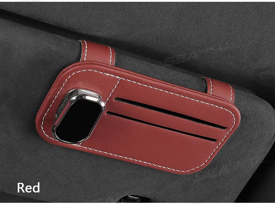 SEAMETAL Car Sun Visor Glasses Clip – PU Leather Sunglasses Holder with Card Storage Pocket (Universal, Scratch-Free Design)