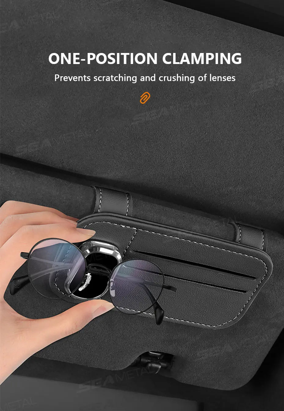 SEAMETAL Car Sun Visor Glasses Clip – PU Leather Sunglasses Holder with Card Storage Pocket (Universal, Scratch-Free Design)