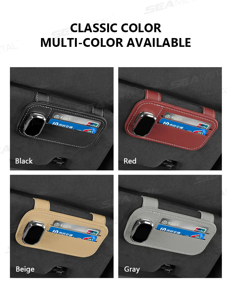 SEAMETAL Car Sun Visor Glasses Clip – PU Leather Sunglasses Holder with Card Storage Pocket (Universal, Scratch-Free Design)