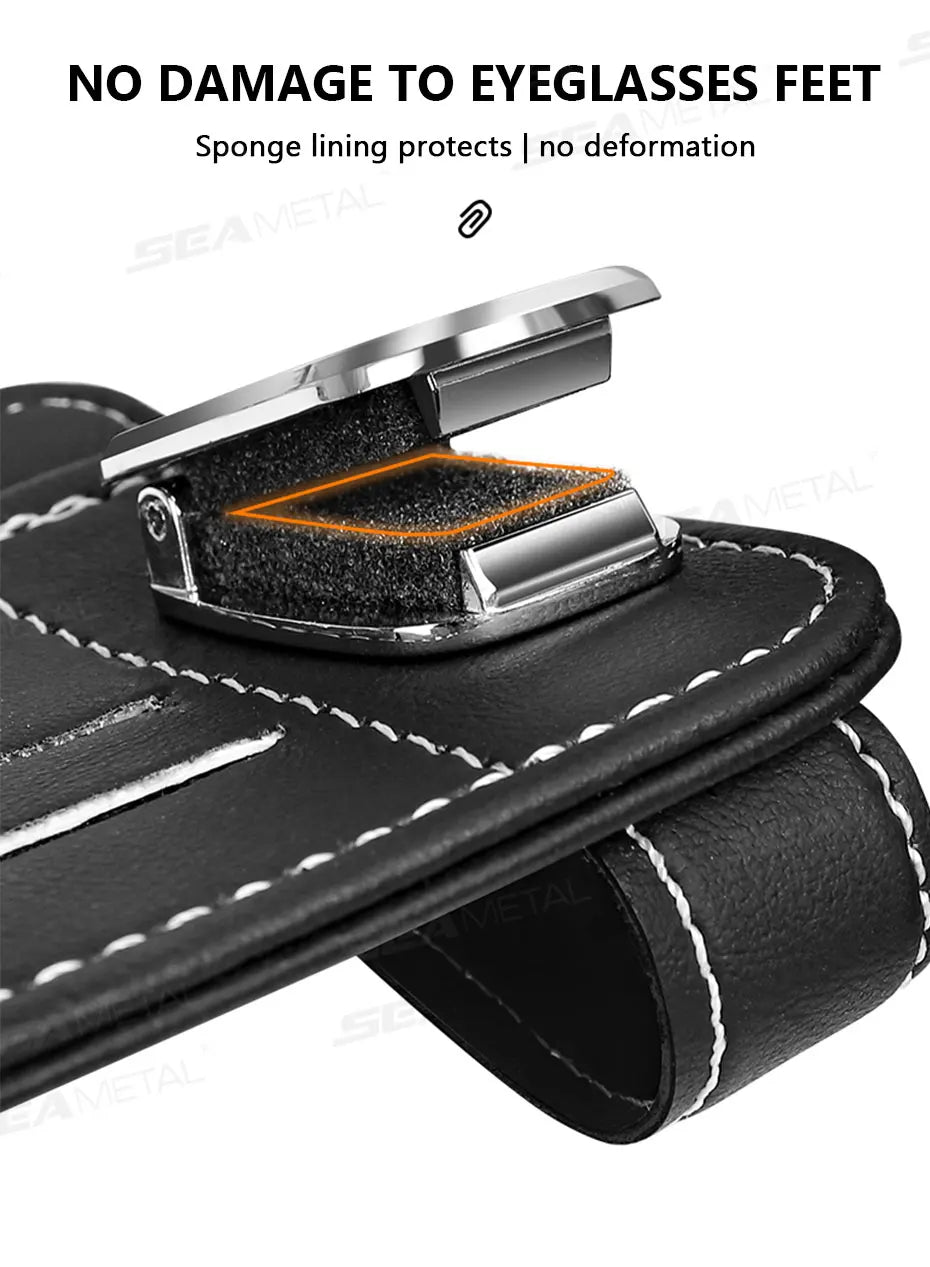 SEAMETAL Car Sun Visor Glasses Clip – PU Leather Sunglasses Holder with Card Storage Pocket (Universal, Scratch-Free Design)