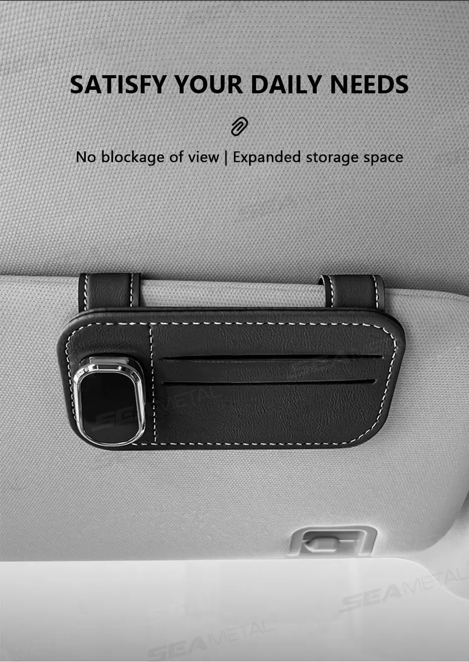 SEAMETAL Car Sun Visor Glasses Clip – PU Leather Sunglasses Holder with Card Storage Pocket (Universal, Scratch-Free Design)