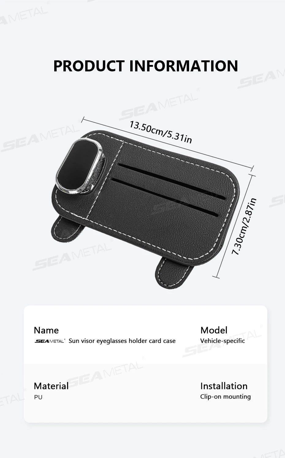 SEAMETAL Car Sun Visor Glasses Clip – PU Leather Sunglasses Holder with Card Storage Pocket (Universal, Scratch-Free Design)