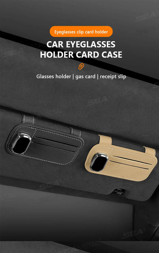 SEAMETAL Car Sun Visor Glasses Clip – PU Leather Sunglasses Holder with Card Storage Pocket (Universal, Scratch-Free Design)