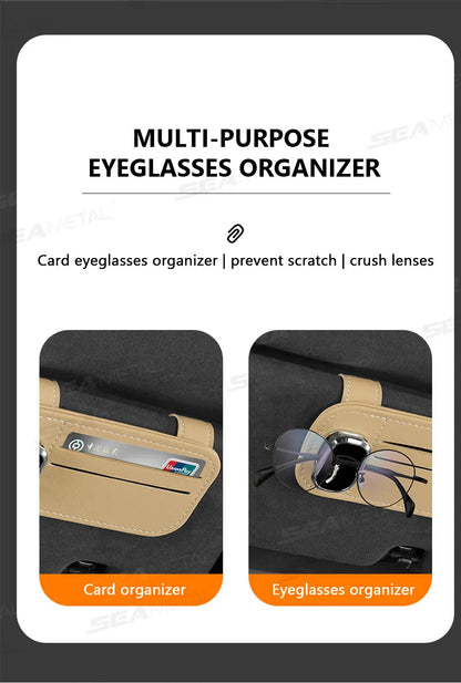SEAMETAL Car Sun Visor Glasses Clip – PU Leather Sunglasses Holder with Card Storage Pocket (Universal, Scratch-Free Design)